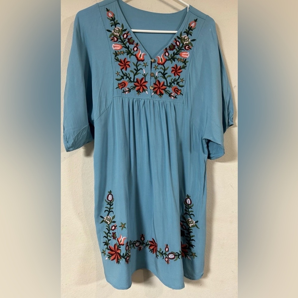 Kafeimali-Bohemian Blue Embroidered V-Neck Floral Mini Dress Sz 7 Cottage core - Picture 2 of 5